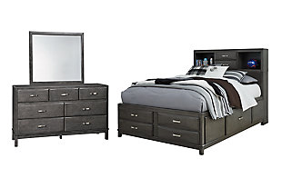 Caitbrook Full Storage Bed with 7 Storage Drawers with Mirrored Dresser, Gray, large