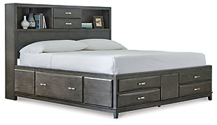 Contemporary style shapes up beautifully with designer elements evident from every angle in this bedroom set. Crafted with quality, contoured surfaces disguise ample storage options. Sporting a distinctive weathered gray finish, this set is the epitome of casual elegance.Includes storage headboard, storage footboard, storage rails, roll slats and dresser | Made of wood, veneers and engineered wood | Drawers with contoured fronts and dovetail construction | Linear metal drawer pulls in bright nickel-tone finish | Bed with 8 smooth-operating drawers | Dresser only | Dresser with 7 smooth-operating drawers | Includes tipover restraint device | Included slats eliminate need for foundation/box spring | Assembly required | Estimated Assembly Time: 145 Minutes