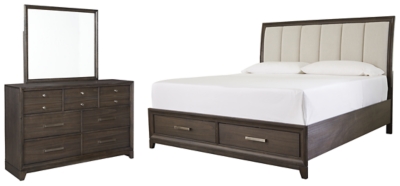 Brueban Queen Panel Bed with 2 Storage Drawers with Mirrored Dresser