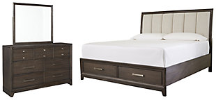 Brueban Queen Panel Bed with 2 Storage Drawers with Mirrored Dresser, Rich Brown/Gray, rollover