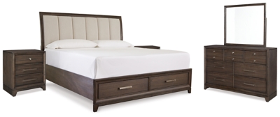 Brueban King Panel Bed with 2 Storage Drawers with Mirrored Dresser and 2 Nightstands