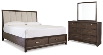 Brueban King Panel Bed with 2 Storage Drawers with Mirrored Dresser