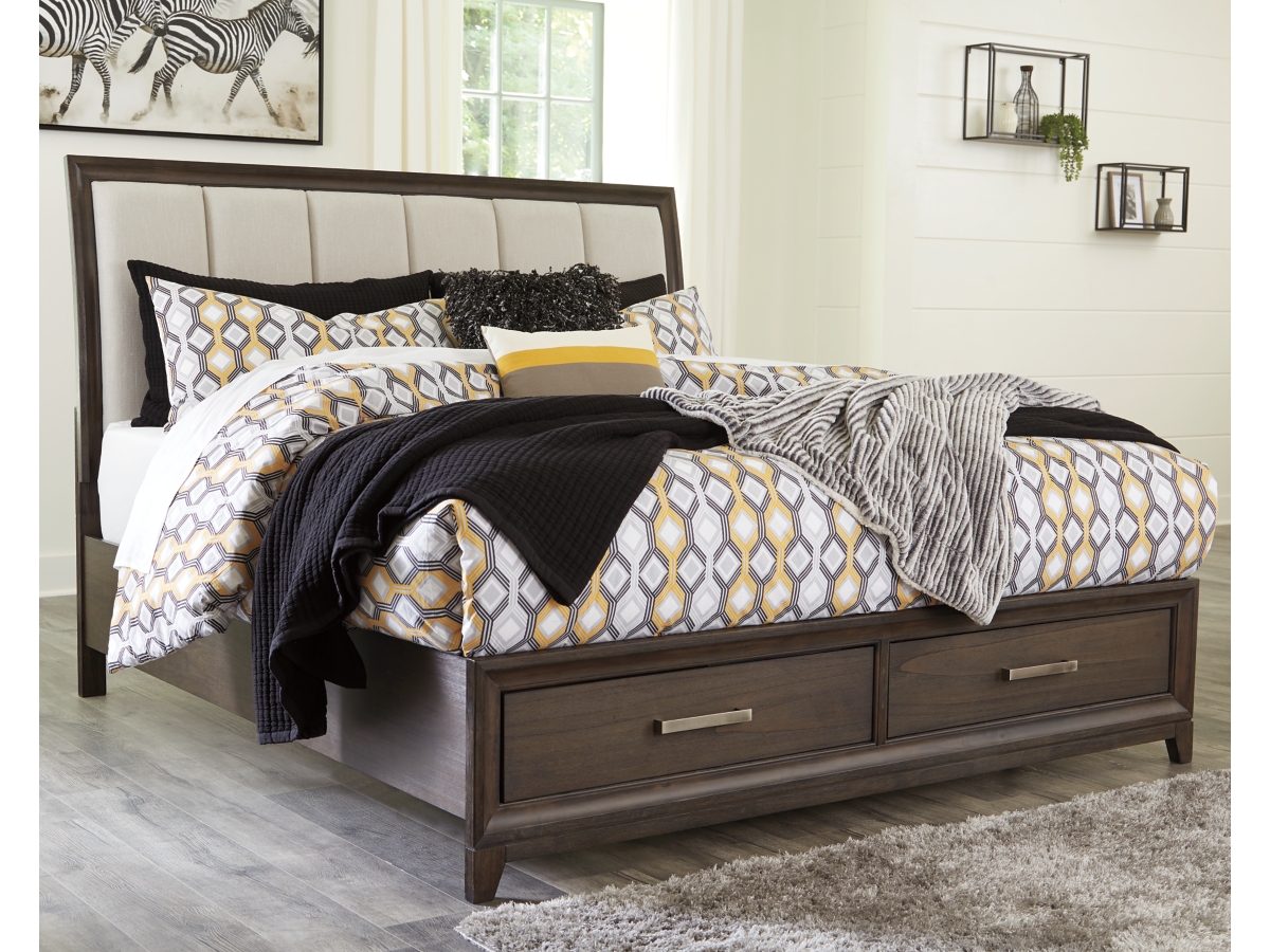 Ashley furniture ashley hyndell dark brown queen upholstered platform store storage bed