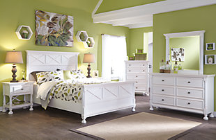 Let your country fresh style shine through with the crisp and cheerful Kaslyn panel bed. Clean lines are enhanced with refined details such as classic half-round pilasters. High profile is quite stately. Mattress available, sold separately.Made of wood and manmade wood | Footboard with turned bun feet | Assembly required