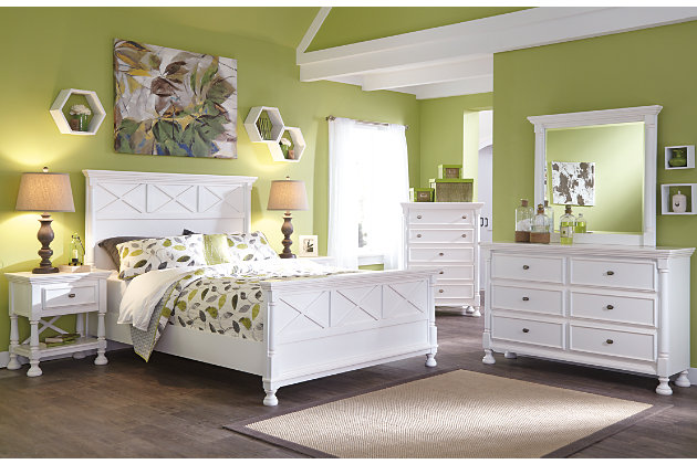 Let your country fresh style shine through with the crisp and cheerful Kaslyn panel bed. Clean lines are enhanced with refined details such as classic half-round pilasters. High profile is quite stately. Mattress available, sold separately.Made of wood and manmade wood | Footboard with turned bun feet | Assembly required