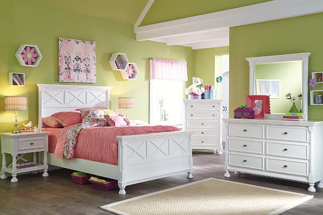 Let your country fresh style shine through with the crisp and cheerful Kaslyn full panel bed. Clean lines are enhanced with refined details such as classic half-round pilasters. High profile is quite stately. Mattress available, sold separately.Made of wood and engineered wood | Footboard with turned bun feet | Assembly required | Estimated Assembly Time: 100 Minutes