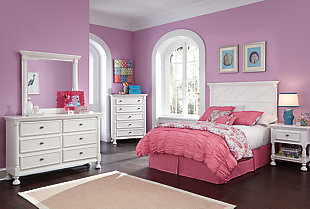 Let your country cottage style shine through with the crisp and cheerful Kaslyn full panel headboard. Clean lines are enhanced with refined details such as classic half-round pilasters. High profile is quite stately.Headboard only | Bed frame sold separately | Made of wood and engineered wood | Assembly required | ¼” bolts (not included) are needed to attach headboard to existing bed frame | Bolt (not included) length depends on the thickness of your bed frame | Estimated Assembly Time: 15 Minutes
