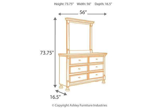 Let your country cottage style shine through with the crisp and cheerful Kaslyn dresser and mirror. Clean lines are enhanced with refined details such as classic half-round pilasters and beautifully turned bun feet. Six smooth-gliding drawers easily accommodate your wardrobe needs.Made of veneers, wood and engineered wood | Aged nickel-tone hardware | 6 smooth-operating drawers with dovetail construction | Top drawers with felt bottoms | Turned bun feet | Mirror attaches to back of dresser | Assembly required | Estimated Assembly Time: 35 Minutes