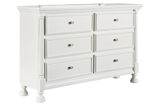 Let your country cottage style shine through with the crisp and cheerful Kaslyn dresser. Clean lines are enhanced with refined details such as classic half-round pilasters and beautifully turned bun feet. Six smooth-gliding drawers easily accommodate your wardrobe needs.Dresser only | Made of veneers, wood and engineered wood | Aged nickel-tone hardware | 6 smooth-operating drawers with dovetail construction | Top drawers with felt bottoms | Turned bun feet | Assembly required | Estimated Assembly Time: 15 Minutes