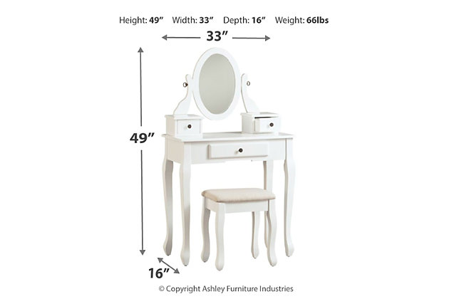 Let her country cottage style shine through with the crisp and cheerful Kaslyn vanity set. Enchanting elements include graceful cabriole legs, a swivel mirror and a bright, white finish. The spacious top offers plenty of room to display perfume bottles and more. She'll love the assortment of drawers that keep her small essentials out of the way.Made of wood and engineered wood | Antiqued pewter-tone hardware | 1 smooth-operating drawer, 2 accessory drawers | Stool with woven polyester upholstery | Oval swivel mirror | Estimated Assembly Time: 30 Minutes
