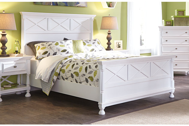 Let your country fresh style shine through with the crisp and cheerful Kaslyn queen panel bed. Clean lines are enhanced with refined details such as classic half-round pilasters. High profile is quite stately. Mattress available, sold separately.Made of wood and engineered wood | Footboard with turned bun feet | Assembly required | Foundation/box spring required, sold separately | Mattress available, sold separately | Estimated Assembly Time: 85 Minutes