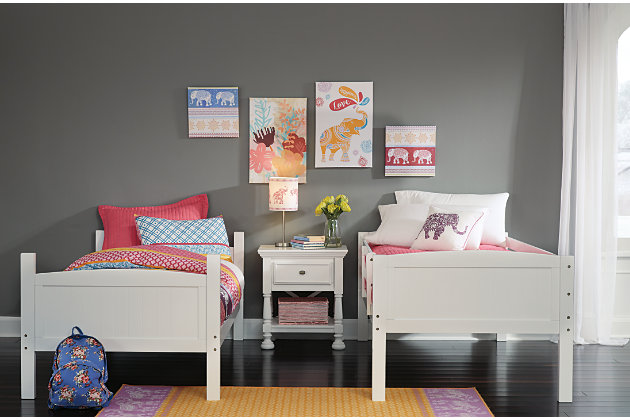 Raise your expectations when it comes to kids bedroom furniture with the Kaslyn twin over twin bunk bed. Sporting a crisp and clean white finish and cottage quaint feel that includes grooved, plank-like end panels, it strikes the perfect balance of sweet and sophisticated. Mattresses available, sold separately.Made of wood and engineered wood | Includes headboards, footboards, rails, ladder and roll slats | Bright white finish features a durable UV base coat for long lasting beauty | Top bunk with protective side rails | Sturdy ladder leads to top bunk | Beds do not require foundations/box springs | The Consumer Product Safety Commission states top bunks not be used for children under 6 years of age | This bunk bed can be converted into 2 separate beds; please see assembly instructions for details | Assembly required | Estimated Assembly Time: 65 Minutes