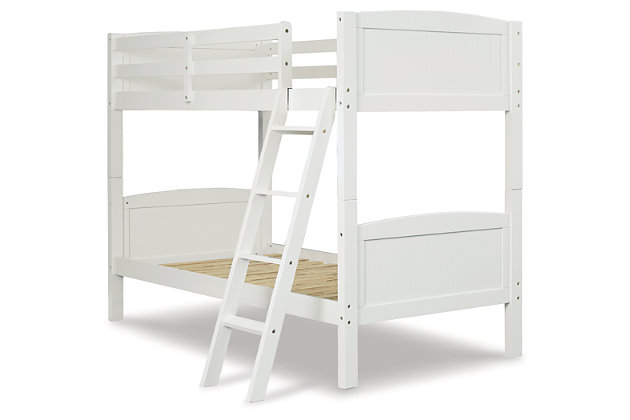 Raise your expectations when it comes to kids bedroom furniture with the Kaslyn twin over twin bunk bed. Sporting a crisp and clean white finish and cottage quaint feel that includes grooved, plank-like end panels, it strikes the perfect balance of sweet and sophisticated. Mattresses available, sold separately.Made of wood and engineered wood | Includes headboards, footboards, rails, ladder and roll slats | Bright white finish features a durable UV base coat for long lasting beauty | Top bunk with protective side rails | Sturdy ladder leads to top bunk | Beds do not require foundations/box springs | The Consumer Product Safety Commission states top bunks not be used for children under 6 years of age | This bunk bed can be converted into 2 separate beds; please see assembly instructions for details | Assembly required | Estimated Assembly Time: 65 Minutes