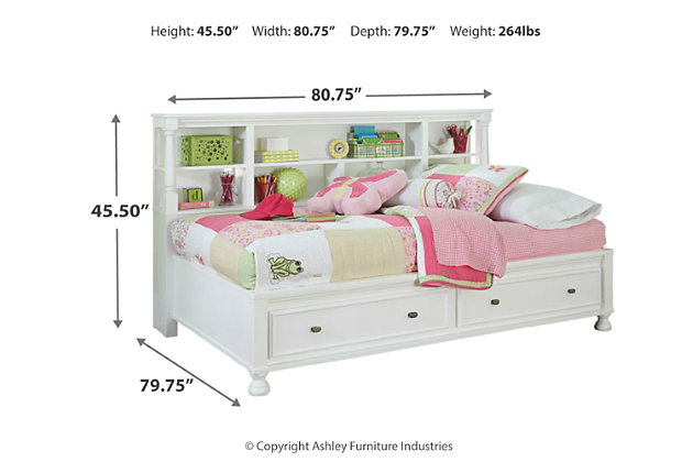 Let your country fresh style shine through with the bright and cheerful Kaslyn twin bookcase bed. The clean, crisp lines flow beautifully with cottage-quaint and shabby chic aesthetics. Headboard provides storage and display space for books and favorite odds and ends. Footboard's roomy drawers lend ample stowage to help them keep their room nice and tidy. Mattress available, sold separately.Made of veneers, wood and engineered wood | Aged nickel-tone hardware | Headboard with 7 storage cubbies and cutouts for wire management | Footboard with turned bun feet and 2 smooth-operating drawers with dovetail construction | Box spring not needed | Assembly required | Estimated Assembly Time: 115 Minutes