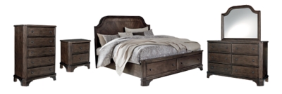 Adinton Queen Panel Bed with 2 Storage Drawers with Mirrored Dresser, Chest and Nightstand