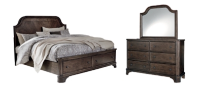 Adinton Queen Panel Bed with 2 Storage Drawers with Mirrored Dresser