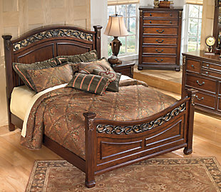 Want that instant heirloom effect? The Leahlyn queen panel bed will weather a lifetime of fashion trends and maintain its classic character. It's reproduced with many of the design elements you'd expect of a much more expensive piece, including pilaster and acanthus accents, foliage filigree and framed bed panels. Why wait for your inheritance when you can have it now? Mattress available, sold separately.Made of veneers, wood, engineered wood and resin | Metallic finish filigree | Footboard with bun feet | Assembly required | Foundation/box spring required, sold separately | Mattress available, sold separately | Estimated Assembly Time: 70 Minutes