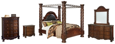 North Shore King Poster Bed With Canopy With Mirrored Dresser Chest And Nightstand Ashley Furniture Homestore