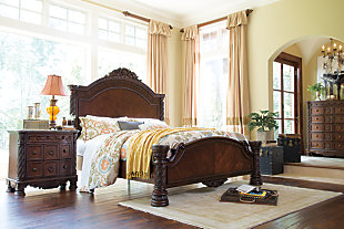Inspired by the grandeur and grace of Old World traditional style, the North Shore queen panel bed is nothing short of stunning. A choice blend of materials is accented by detailed ornamental appliques. Large-scale decorative pilasters make a grand stance. Mattress and foundation/box spring sold separately.Made of veneers, wood, engineered wood, cast resin and marble parquetry | Includes headboard, footboard and rails | Footboard with marble parquetry panel caps | Assembly required | Foundation/box spring required, sold separately | Mattress available, sold separately | Estimated Assembly Time: 10 Minutes
