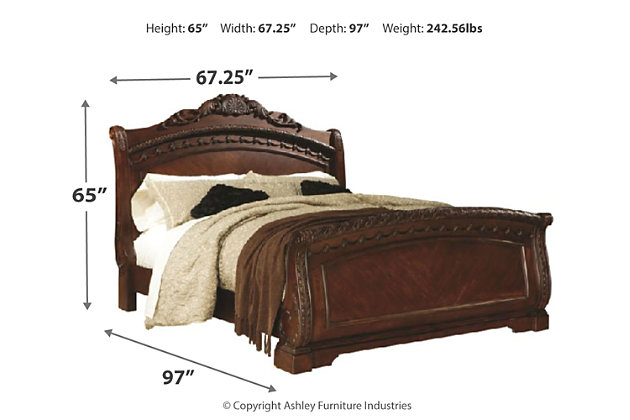 Inspired by the grandeur and grace of Old World traditional style, the North Shore sleigh bed is nothing short of stunning. A choice blend of materials is accented by detailed ornamental appliques. Graceful curves of the sleigh design are the essence of romance. Mattress and foundation/box spring sold separately.Made of veneers, wood, engineered wood and cast resin | Includes headboard, footboard and rails | Assembly required | Foundation/box spring required, sold separately | Mattress available, sold separately | Estimated Assembly Time: 10 Minutes
