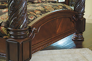 Inspired by the grandeur and grace of Old World traditional style, the North Shore canopy bed is nothing short of stunning. A choice blend of materials is accented by detailed ornamental appliques. -scale decorative pilasters and a sweeping canopy make a grand stance. Mattress and foundation/box spring sold separately.Made of veneers, wood, manmade wood and cast resin | Includes headboard, footboard, posts, canopy and rails | Headboard with faux leather upholstery | Assembly required | Measure room, including ceiling height to ensure bed clears fans and light fixtures