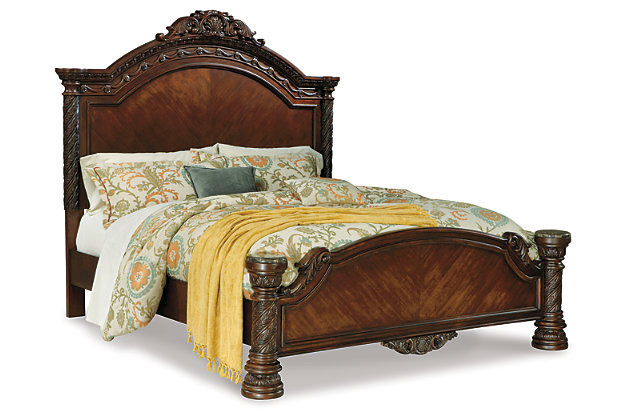 Inspired by the grandeur and grace of Old World traditional style, the North Shore queen panel bed is nothing short of stunning. A choice blend of materials is accented by detailed ornamental appliques. Large-scale decorative pilasters make a grand stance. Mattress and foundation/box spring sold separately.Made of veneers, wood, engineered wood, cast resin and marble parquetry | Includes headboard, footboard and rails | Footboard with marble parquetry panel caps | Assembly required | Foundation/box spring required, sold separately | Mattress available, sold separately | Estimated Assembly Time: 10 Minutes