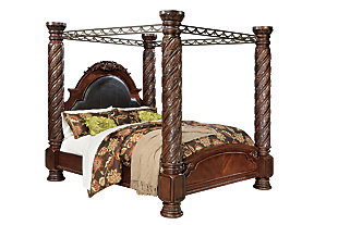 Inspired by the grandeur and grace of Old World traditional style, the North Shore king canopy bed is nothing short of stunning. A choice blend of materials is accented by detailed ornamental appliques. Large-scale decorative pilasters and a sweeping canopy make a grand stance. Mattress and foundation/box spring sold separately.Made of veneers, wood, engineered wood and cast resin | Includes headboard, footboard, posts, canopy and rails | Headboard with faux leather upholstery | Assembly required | Measure room, including ceiling height to ensure bed clears fans and light fixtures | Foundation/box spring required, sold separately | Mattress available, sold separately | Estimated Assembly Time: 20 Minutes