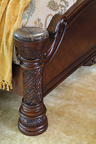 Inspired by the grandeur and grace of Old World traditional style, the North Shore king panel bed is nothing short of stunning. A choice blend of materials is accented by detailed ornamental appliques. Large-scale decorative pilasters make a grand stance. Mattress and foundation/box spring sold separately.Made of veneers, wood, engineered wood, cast resin and marble parquetry | Includes headboard, footboard and rails | Footboard with marble parquetry panel caps | Assembly required | Foundation/box spring required, sold separately | Mattress available, sold separately | Estimated Assembly Time: 25 Minutes