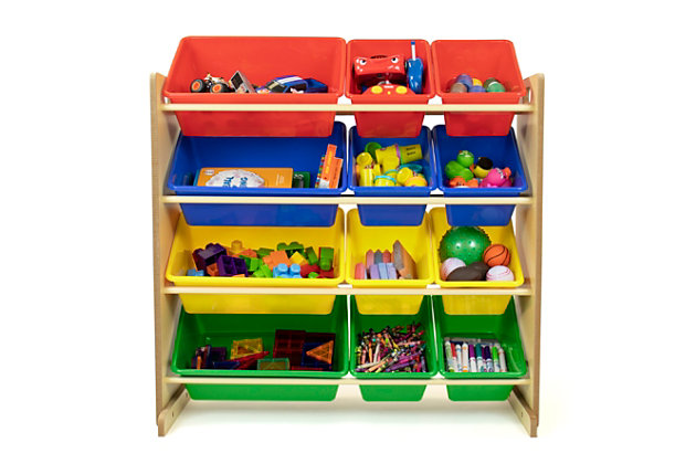 This kids 12-bin storage unit is perfectly proportioned for the pint-sized peeps. Whether for toys, books, games or arts and crafts, this easy access organizer for boys and girls three years and up is up for the task.Includes 4-tier organizer with 12 removable bins | Made of engineered wood, steel and plastic | Natural finish | Sturdy engineered wood construction; steel dowels support toy bins | Multicolored bins made of rugged plastic | 8 standard and 4 large rugged plastic bins | Remove bins for playtime and easy clean up