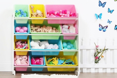 Kids Pastel Toy Storage Organizer with Twelve Plastic Bins, , large