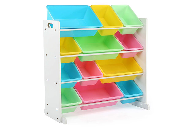 This kids 12-bin storage unit is perfectly proportioned for the pint-sized peeps. Whether for toys, books, games or arts and crafts, this easy access organizer for boys and girls three years and up is up for the task.Includes 4-tier organizer with 12 removable bins | Made of engineered wood, steel and plastic | White finish | Sturdy engineered wood construction; steel dowels support toy bins | Multicolored bins made of rugged plastic | 8 standard and 4 large rugged plastic bins | Remove bins for playtime and easy clean up