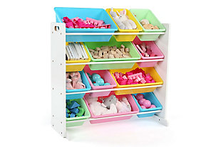 This kids 12-bin storage unit is perfectly proportioned for the pint-sized peeps. Whether for toys, books, games or arts and crafts, this easy access organizer for boys and girls three years and up is up for the task.Includes 4-tier organizer with 12 removable bins | Made of engineered wood, steel and plastic | White finish | Sturdy engineered wood construction; steel dowels support toy bins | Multicolored bins made of rugged plastic | 8 standard and 4 large rugged plastic bins | Remove bins for playtime and easy clean up