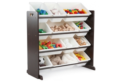 Kids Espresso Toy Storage Organizer with Twelve Plastic Bins