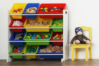 Kids Brinx Toy Storage Organizer with Twelve Plastic Bins, White