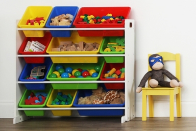 Natural/Primary Colors 12-Bin Kids Toy Storage Organizer