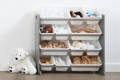 Slate Toy Storage Organizer with 12 Storage Bins, Grey Wood Grain/White