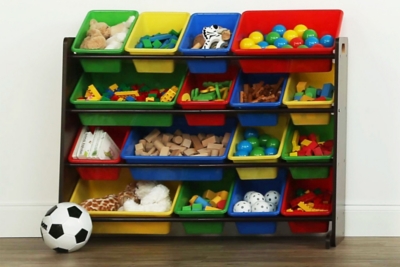 Kids Discover Super-Sized Toy Organizer with Sixteen Plastic Bins, Walnut