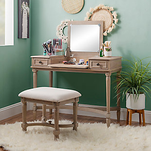 Dressed to impress with fluted legs, curved X stretchers and framed drawer fronts, this vanity set is such a delightful choice for a teen’s room, master bedroom or dressing area. Its soothing gray washed finish gives the classic styling a fresh sensibility that feels here and now. Given its clever flip-top design with hidden mirror and storage space, this vanity set works equally well as a compact desk. The matching upholstered seat completes the picture-perfect look.Made of wood and engineered wood | Gray washed finish | Flip top with safety hinge reveals mirror and open storage | 2 smooth-gliding drawers | Brass-tone metal pulls | Foam padded seat with beige microfiber upholstery | Assembly required