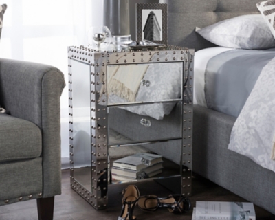 Azura Nightstand Bedside Table, Silver Finish