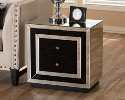 Cecilia Mirrored 2 Drawer Nightstand, Black/Silver Finish