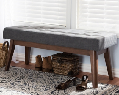 Elia Button-Tufted Bench, Dark Gray/Walnut