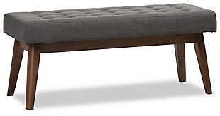 What a striking choice for mid-century modern and fashion-forward spaces. Sumptuously cushioned upholstered bench in dark gray is sure to make a high-style addition to your home. Fabulous in an entryway or under a window, it’s equally at home at the foot of the bed.Made of wood | Light gray polyester upholstery | High-density foam cushioning | Button-tufted seat | Walnut-tone legs | Some assembly required