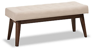 What a striking choice for mid-century modern and fashion-forward spaces. Sumptuously cushioned upholstered bench in light beige is sure to make a high-style addition to your home. Fabulous in an entryway or under a window, it’s equally at home at the foot of the bed.Made of wood | Light beige polyester upholstery | High-density foam cushioning | Button-tufted seat | Walnut-tone legs | Some assembly required