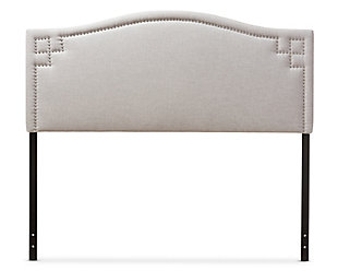 Sporting a subtle camelback design that’s always on trend, this upholstered headboard with adjustable height design is such an easy-elegant choice. Eye-catching silvertone nailhead trim incorporates an added touch of flair. Rest assured, both the leg height and headboard panel height are adjustable—making this upholstered headboard highly accommodating for various spaces and tastes. Raise the height for a layered bedding look loaded with toss pillows. Lower the height should you have space restrictions such as windows, fixtures or shelving.Headboard only | Frame made of wood and engineered wood | Polyester upholstery over foam fill | Silvertone nailhead trim | Adjustable height (includes pre-drilled holes for both headboard and leg height adjustable) | Hardware included | Assembly required | Mattress and foundation/box spring available, sold separately