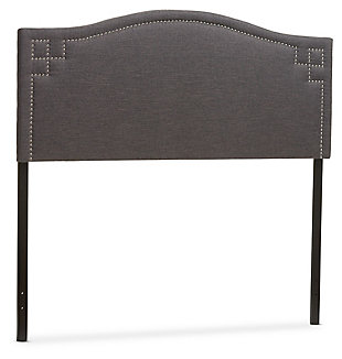 Sporting a subtle camelback design that’s always on trend, this upholstered headboard with adjustable height design is such an easy-elegant choice. Eye-catching silvertone nailhead trim incorporates an added touch of flair. Rest assured, both the leg height and headboard panel height are adjustable—making this upholstered headboard highly accommodating for various spaces and tastes. Raise the height for a layered bedding look loaded with toss pillows. Lower the height should you have space restrictions such as windows, fixtures or shelving.Headboard only | Frame made of wood and engineered wood | Polyester upholstery over foam fill | Silvertone nailhead trim | Adjustable height (includes pre-drilled holes for both headboard and leg height adjustable) | Hardware included | Assembly required | Mattress and foundation/box spring available, sold separately