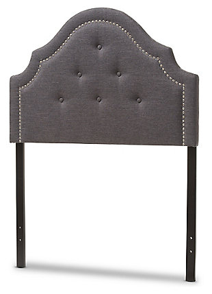 A nod to classic French design, this upholstered headboard with adjustable height design is an inspired choice for a très chic bedroom retreat. Elegantly scalloped curves and deep button tufting are made that much more dramatic with a string of silvertone nailhead trim. Rest assured, both the leg height and headboard panel height are adjustable—making this upholstered headboard highly accommodating for various spaces and tastes. Raise the height for a layered bedding look loaded with toss pillows. Lower the height should you have space restrictions such as windows, fixtures or shelving.Headboard only | Frame made of wood and engineered wood | Polyester upholstery over foam fill | Silvertone nailhead trim and button tufting | Adjustable height (includes pre-drilled holes for both headboard and leg height adjustable) | Hardware included | Assembly required | Mattress and foundation/box spring available, sold separately