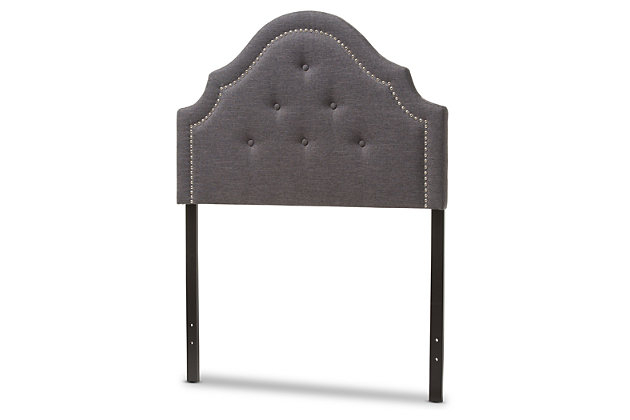 A nod to classic French design, this upholstered headboard with adjustable height design is an inspired choice for a très chic bedroom retreat. Elegantly scalloped curves and deep button tufting are made that much more dramatic with a string of silvertone nailhead trim. Rest assured, both the leg height and headboard panel height are adjustable—making this upholstered headboard highly accommodating for various spaces and tastes. Raise the height for a layered bedding look loaded with toss pillows. Lower the height should you have space restrictions such as windows, fixtures or shelving.Headboard only | Frame made of wood and engineered wood | Polyester upholstery over foam fill | Silvertone nailhead trim and button tufting | Adjustable height (includes pre-drilled holes for both headboard and leg height adjustable) | Hardware included | Assembly required | Mattress and foundation/box spring available, sold separately
