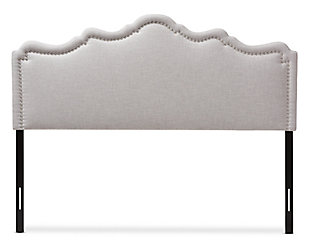 Wowing with its scalloped profile punctuated with silvertone nailhead trim, this upholstered headboard with adjustable height design is sure to liven a bedroom with a fanciful twist. Rest assured, both the leg height and headboard panel height are adjustable—making this upholstered headboard highly accommodating for various spaces and tastes. Raise the height for a layered bedding look loaded with toss pillows. Lower the height should you have space restrictions such as windows, fixtures or shelving.Headboard only | Frame made of wood and engineered wood | Polyester upholstery over foam fill | Silvertone nailhead trim | Adjustable height (includes pre-drilled holes for both headboard and leg height adjustable) | Hardware included | Assembly required | Mattress and foundation/box spring available, sold separately