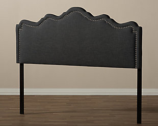 Wowing with its scalloped profile punctuated with silvertone nailhead trim, this upholstered headboard with adjustable height design is sure to liven a bedroom with a fanciful twist. Rest assured, both the leg height and headboard panel height are adjustable—ma this upholstered headboard highly accommodating for various spaces and tastes. Raise the height for a layered bedding look loaded with toss pillows. Lower the height should you have space restrictions such as windows, fixtures or shelving.Headboard only | Frame made of wood and engineered wood | Polyester upholstery over foam fill | Silvertone nailhead trim | Adjustable height (includes pre-drilled holes for both headboard and leg height adjustable) | Hardware included | Assembly required | Mattress and foundation/box spring available, sold separately