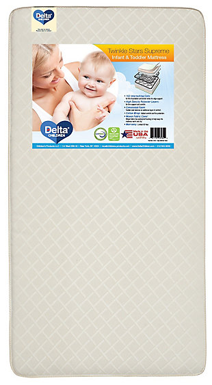 Ensure the sweetest dreams with the Twinkle Stars Supreme Crib and Toddler Mattress from Delta Children. At the core of this baby mattress 162 interlocking coils create a firm foundation that will help your child get the best sleep possible. A great value, the two-in-one design of this mattress ensures it will grow with your child from the crib to the toddler bed—the infant side is the ideal firmness for newborns while the toddler side features a comforting layer of convoluted foam. A woven fabric cover with a waterproof backing helps keep the mattress warm and dry all night long.Comfort level: extra firm | At the core: 162 firm interlocking coils | Balanced support: border wires provide support all around the mattress | Layers of comfort: high-density polyester layers | Double duty: 2-sided design offers ideal comfort for each stage; infant and toddler | Woven fabric cover has waterproof backing | Fits crib or toddler bed frame | 50-year limited warranty | Made in usa | For any questions regarding delta children products, please contact consumersupport@deltachildren.com monday to friday, 8:30 a.m. To 6 p.m. (est)